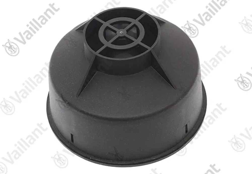 Schwarze Abgashaube mit rundem Design und mittigem Lüftungsanschluss, geeignet für Abgasführungen, hergestellt von Vaillant.